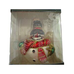Krebs Glass Chubby Snowman Ornament Red Scarf Hat 3.5" NIB